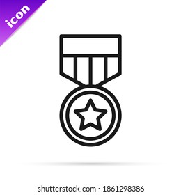 Black line Military reward medal icon isolated on white background. Army sign.  Vector