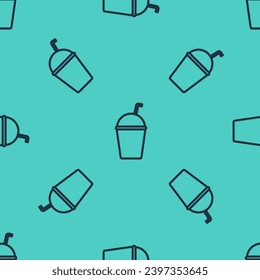 Black line Milkshake icon isolated seamless pattern on green background. Plastic cup with lid and straw.  Vector Illustration