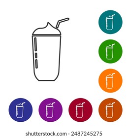 Black line Milkshake icon isolated on white background. Plastic cup with lid and straw. Set icons in color circle buttons. Vector