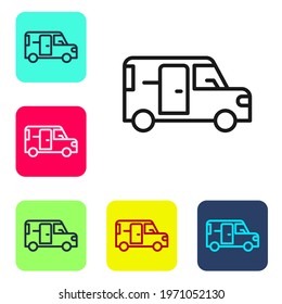 Black line Minibus icon isolated on white background. Set icons in color square buttons. Vector