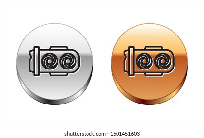 Black line Mining farm icon isolated on white background. Cryptocurrency mining, blockchain technology, digital money market, cryptocoin wallet. Silver-gold circle button. Vector Illustration
