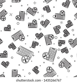 Black line Mobile Apps with screwdriver and wrench icon isolated seamless pattern on white background. Adjusting, service, setting, maintenance, repair, fixing.  Vector Illustration