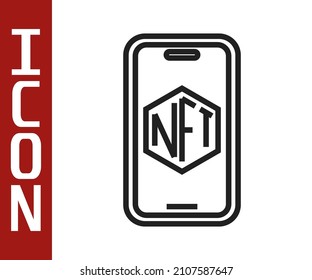 Teléfono móvil de línea negra con icono de aplicación de tienda de arte aislado en fondo blanco. Tecnología de venta de tokens NFT para criptodivisa. token no fungible.  Vector