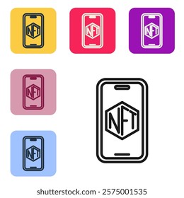 Black line Mobile with art store app icon isolated on white background. Technology of selling NFT tokens for cryptocurrency. Non fungible token. Set icons in color square buttons. Vector