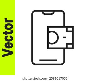 Black line Mobile banking icon isolated on white background. Transfer money through mobile banking on the mobile phone screen.  Vector