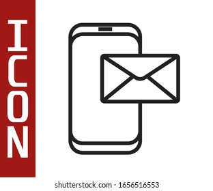 Black line Mobile and envelope, new message, mail icon isolated on white background. Usage for e-mail newsletters, headers, blog posts.  Vector Illustration
