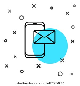 Schwarze Linie Mobile und Umschlag, neue Nachricht, E-Mail-Symbol einzeln auf weißem Hintergrund. Verwendung für E-Mail-Newsletter, Kopfzeilen, Blog-Posts. Zufällige dynamische Formen. Vektorillustration-Illustration