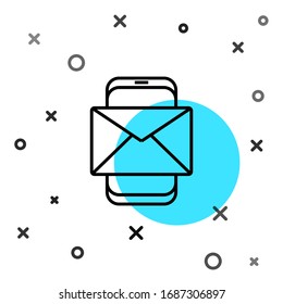 Black line Mobile and envelope, new message, mail icon isolated on white background. Usage for e-mail newsletters, headers, blog posts. Random dynamic shapes. Vector Illustration