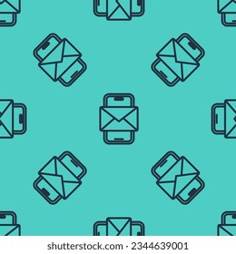 Black line Mobile and envelope, new message, mail icon isolated seamless pattern on green background. Usage for e-mail newsletters, headers, blog posts.  Vector