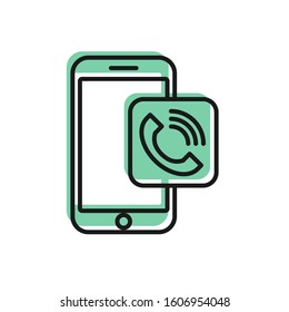Black line Mobile phone call icon isolated on white background.  Vector Illustration
