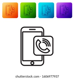 Black line Mobile phone call icon isolated on white background. Set icons in color square buttons. Vector Illustration