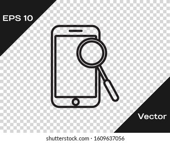 Black line Mobile phone diagnostics icon isolated on transparent background. Adjusting app, service, setting options, maintenance, repair, fixing.  Vector Illustration