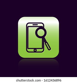 Black line Mobile phone diagnostics icon isolated on black background. Adjusting app, service, setting options, maintenance, repair, fixing. Green square button. Vector Illustration