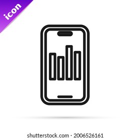 Black line Mobile phone with graph chart icon isolated on white background. Report text file. Accounting sign. Audit, analysis, planning.  Vector
