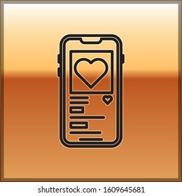 Black line Mobile phone with heart icon isolated on gold background. Valentines day.  Vector Illustration