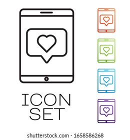Black line Mobile phone and like with heart icon isolated on white background. Counter Notification Icon. Follower Insta. Set icons colorful. Vector Illustration