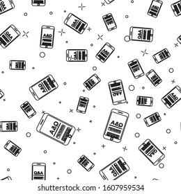 Black line Mobile phone with Question and Exclamation icon isolated seamless pattern on white background. Frequently asked questions.  Vector Illustration