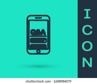 Black line Mobile phone with Question and Exclamation icon isolated on green background. Frequently asked questions.  Vector Illustration