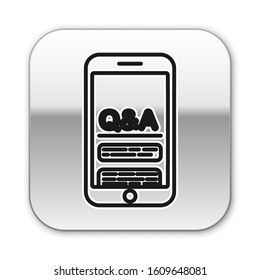 Black line Mobile phone with Question and Exclamation icon isolated on white background. Frequently asked questions. Silver square button. Vector Illustration