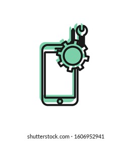 Black line Mobile phone with screwdriver and wrench icon isolated on white background. Adjusting, service, setting, maintenance, repair.  Vector Illustration