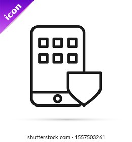 Black line Mobile phone with shield icon isolated on white background. Smartphone insurance. Security, safety, protection, protect concept.  Vector Illustration