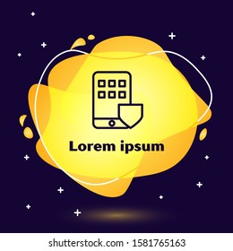 Black line Mobile phone with shield icon isolated on blue background. Smartphone insurance. Security, safety, protection, protect concept. Abstract banner with liquid shapes. Vector Illustration