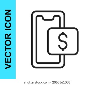 Black line Mobile phone and shopping cart icon isolated on white background. Online buying symbol. Supermarket basket symbol.  Vector