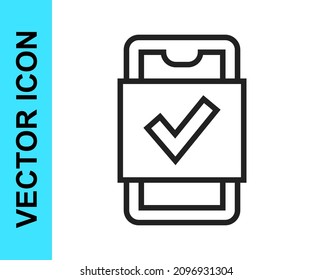 Black line Mobile phone shopping icon isolated on white background. Online buying symbol. Supermarket basket symbol.  Vector