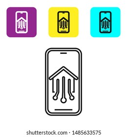 Black line Mobile phone with smart home icon isolated on white background. Remote control. Set icons colorful square buttons. Vector Illustration