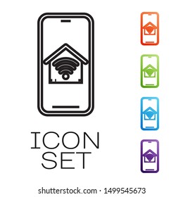 Black line Mobile phone with smart home with wi-fi icon isolated on white background. Remote control. Set icons colorful. Vector Illustration