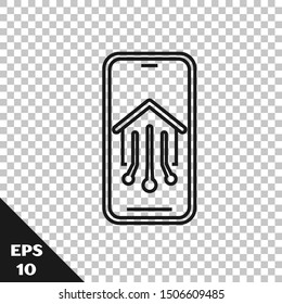 Black line Mobile phone with smart home icon isolated on transparent background. Remote control.  Vector Illustration