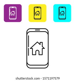Black line Mobile phone with smart home icon isolated on white background. Remote control. Set icons colorful square buttons. Vector Illustration