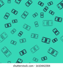 Black line Mobile phone with text FAQ information icon isolated seamless pattern on green background. Frequently asked questions.  Vector Illustration