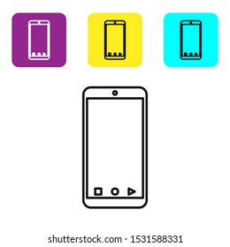 Black line Mobile smart phone with app delivery tracking icon isolated on white background. Parcel tracking. Set icons colorful square buttons. Vector Illustration