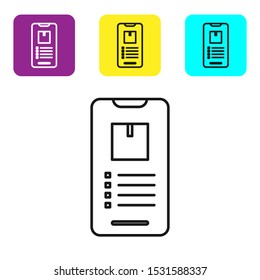 Black line Mobile smart phone with app delivery tracking icon isolated on white background. Parcel tracking. Set icons colorful square buttons. Vector Illustration