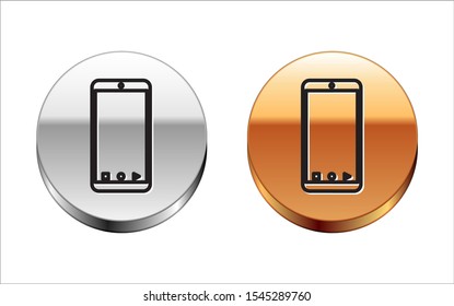 Black line Mobile smart phone with app delivery tracking icon isolated on white background. Parcel tracking. Silver-gold circle button. Vector Illustration