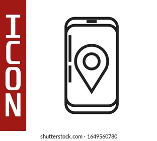 Teléfono inteligente móvil de línea negra con icono de seguimiento de entrega de aplicaciones aislado en fondo blanco. Seguimiento de paquetes.  Ilustración vectorial