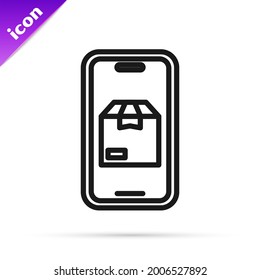 Black line Mobile smart phone with app delivery tracking icon isolated on white background. Parcel tracking.  Vector