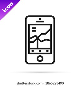 Black line Mobile stock trading concept icon isolated on white background. Online trading, stock market analysis, business and investment.  Vector