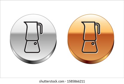 Black line Moka pot icon isolated on white background. Coffee maker. Silver-gold circle button. Vector Illustration