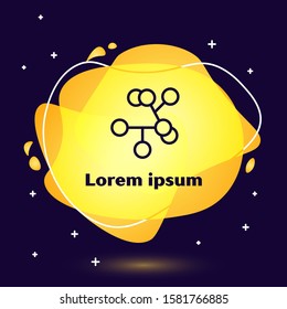 Black line Molecule icon isolated on blue background. Structure of molecules in chemistry, science teachers innovative educational poster. Abstract banner with liquid shapes. Vector Illustration