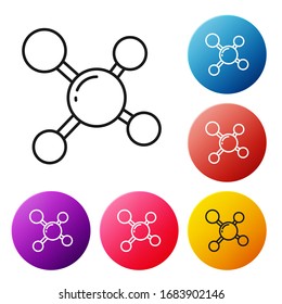 Black line Molecule icon isolated on white background. Structure of molecules in chemistry, science teachers innovative educational poster. Set icons colorful circle buttons. Vector Illustration