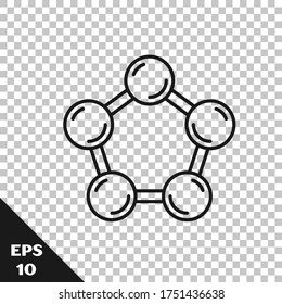 Icono de molécula de línea negra aislado en fondo transparente. Estructura de moléculas en la química, profesores de ciencias afiche educativo innovador.  Vector