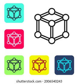 Icono de molécula de línea negra aislado en fondo blanco. Estructura de moléculas en la química, profesores de ciencias afiche educativo innovador. Establezca iconos en los botones cuadrados de color. Vector