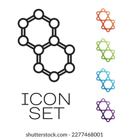 Icono de molécula de línea negra aislado en fondo blanco. Estructura de moléculas en la química, profesores de ciencias afiche educativo innovador. Indique los iconos en colores. Vector