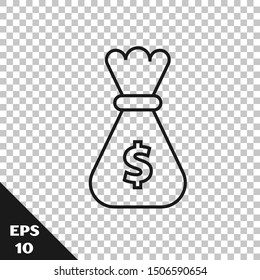 Black line Money bag icon isolated on transparent background. Dollar or USD symbol. Cash Banking currency sign.  Vector Illustration