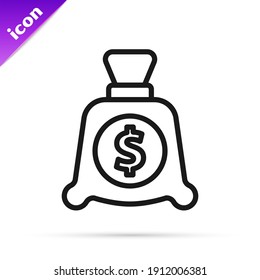 Black line Money bag icon isolated on white background. Dollar or USD symbol. Cash Banking currency sign.  Vector
