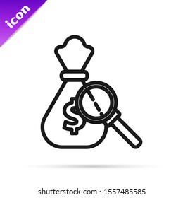 Black line Money bag and magnifying glass icon isolated on white background. Dollar or USD symbol. Cash Banking currency sign.  Vector Illustration