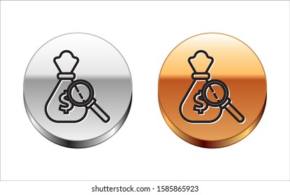 Black line Money bag and magnifying glass icon isolated on white background. Dollar or USD symbol. Cash Banking currency sign. Silver-gold circle button. Vector Illustration
