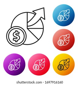 Black line Money and diagram graph icon isolated on white background. Financial analytics, budget planning, finance managemen. Set icons colorful circle buttons. Vector Illustration